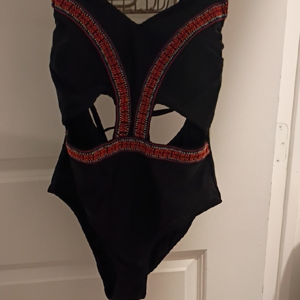 Xhilaration Black One Piece with Red Embroidery And Strappy Back, Brand New